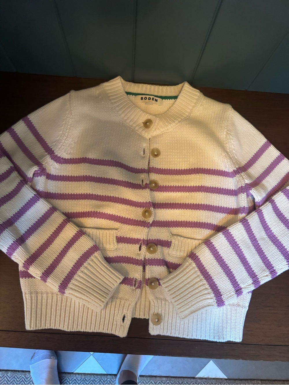 Boden Cream Cardigan with Lavender Stripe Detail